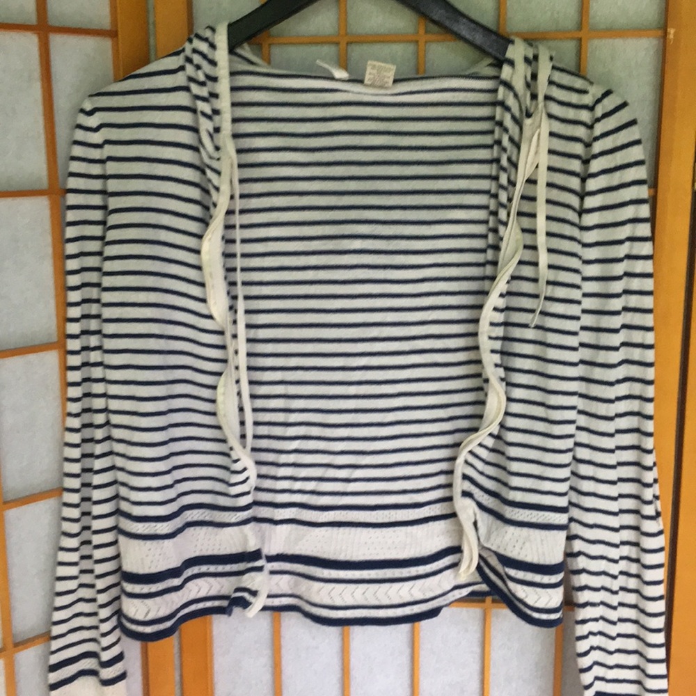 blue and white stripped zip up